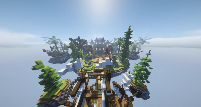 Vue aérienne du port SkyColonies entouré de navires sur ses îles flottantes
